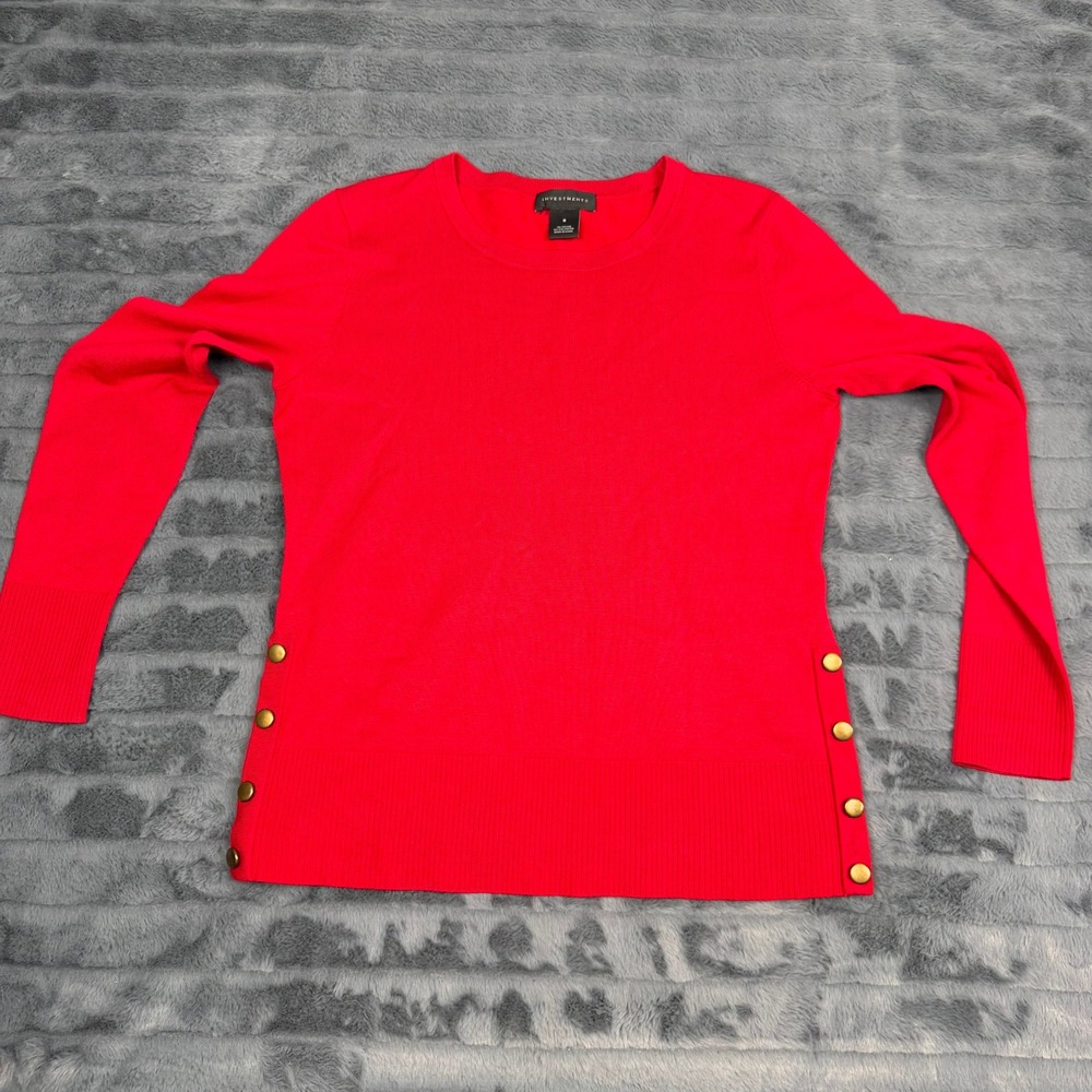 Investments Womens Red Crewneck Side Button Long Sleeve Sweater Small
